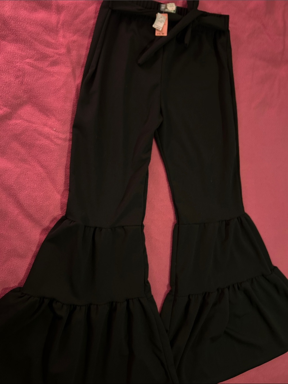 Black Tiered Ruffle Bell-Bottom Pants